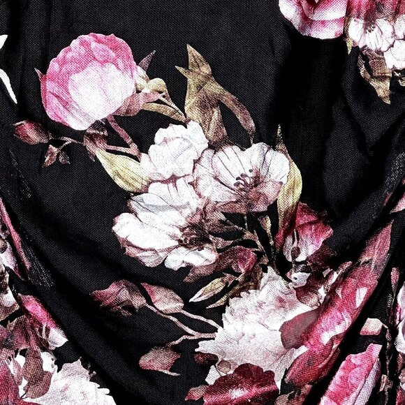 Black Foiled Pink Floral Ruched Mini Dress Bodycon Coquette Whimsigoth Womens S - Picture 10 of 16